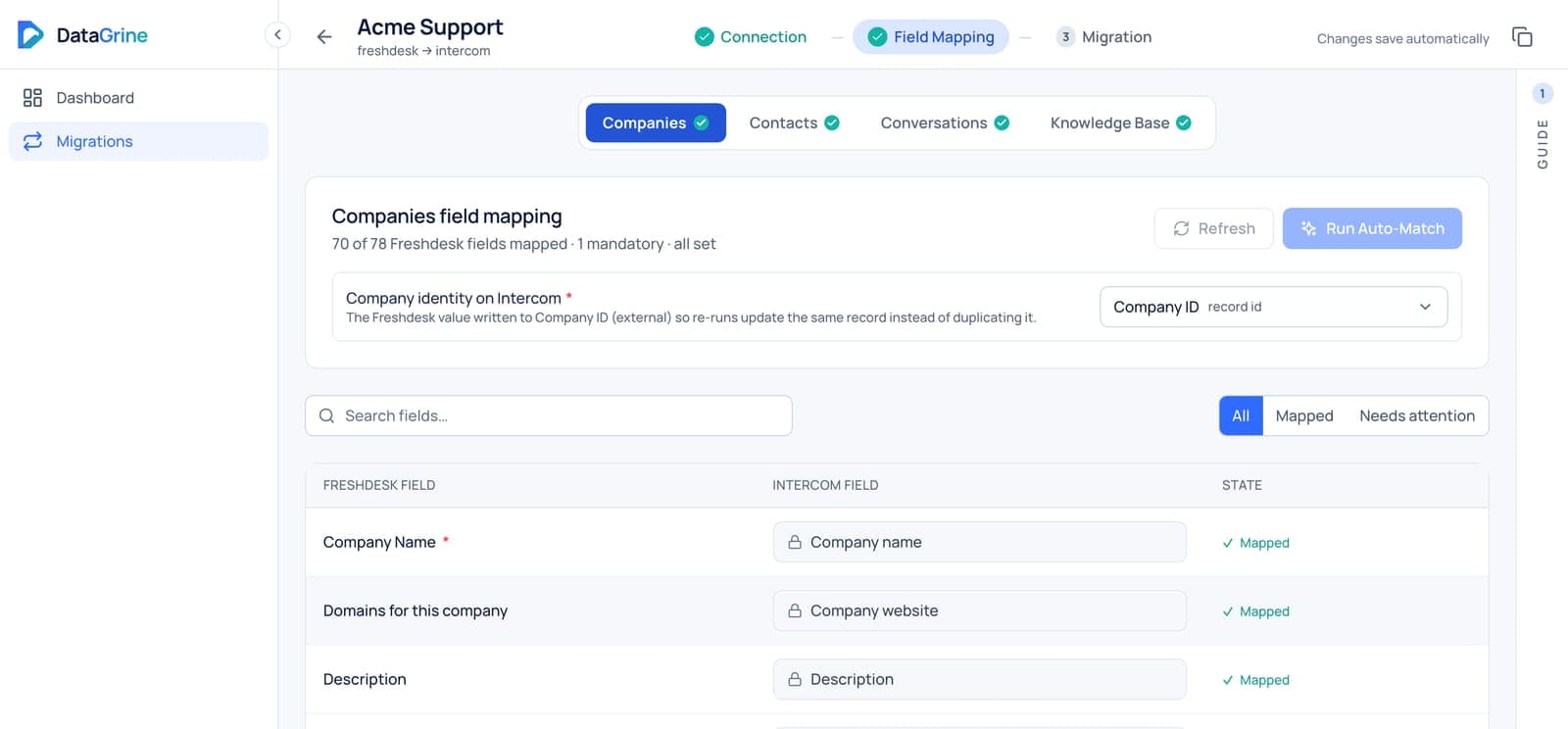 DataGrine platform: field mapping between a source and a destination helpdesk